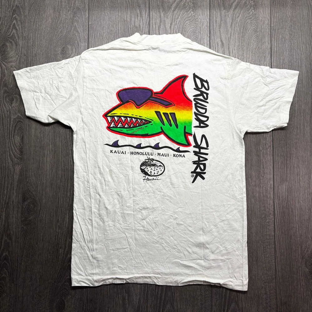 Vintage Brudda Shark Hawaii T Shirt Mens Large White Graphic Tee Jays Tee USA